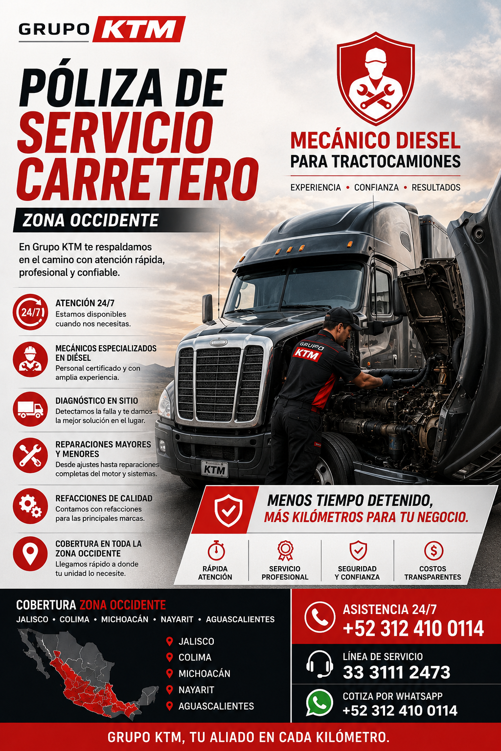 Póliza de Servicio Carretero Grupo KTM - Mecánico Diesel para tractocamiones en Zona Occidente