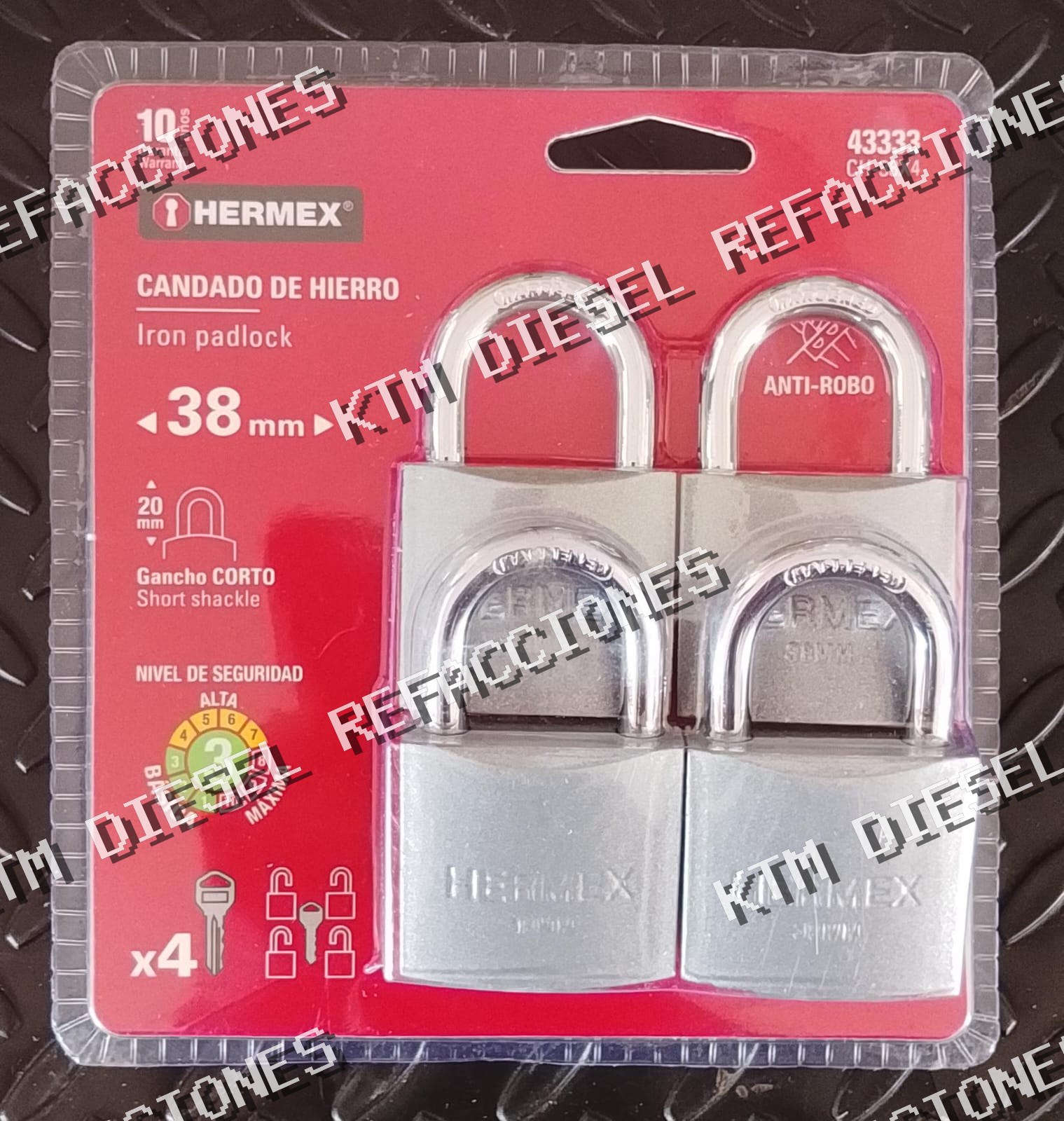 CANDADO DE HIERRO 38MM GANCHO CORTO BLISTER 4PZ HERMEX