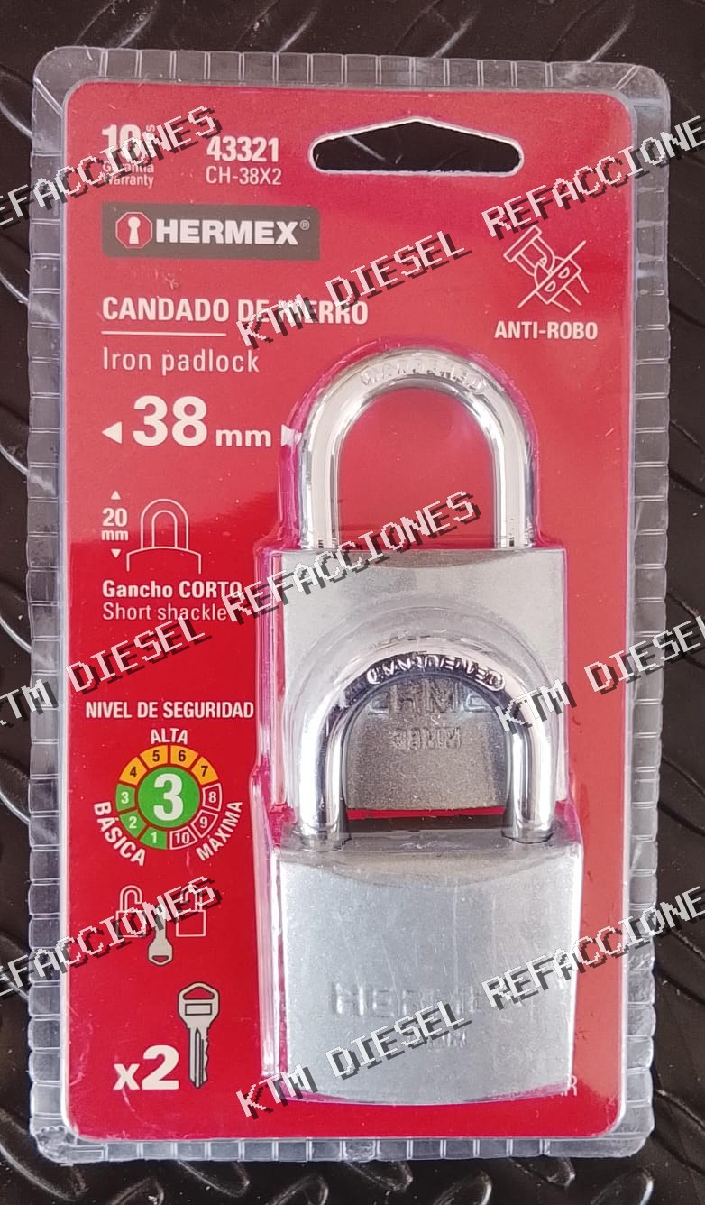 CANDADO DE HIERRO 38MM GANCHO CORTO BLISTER 2PZ HERMEX