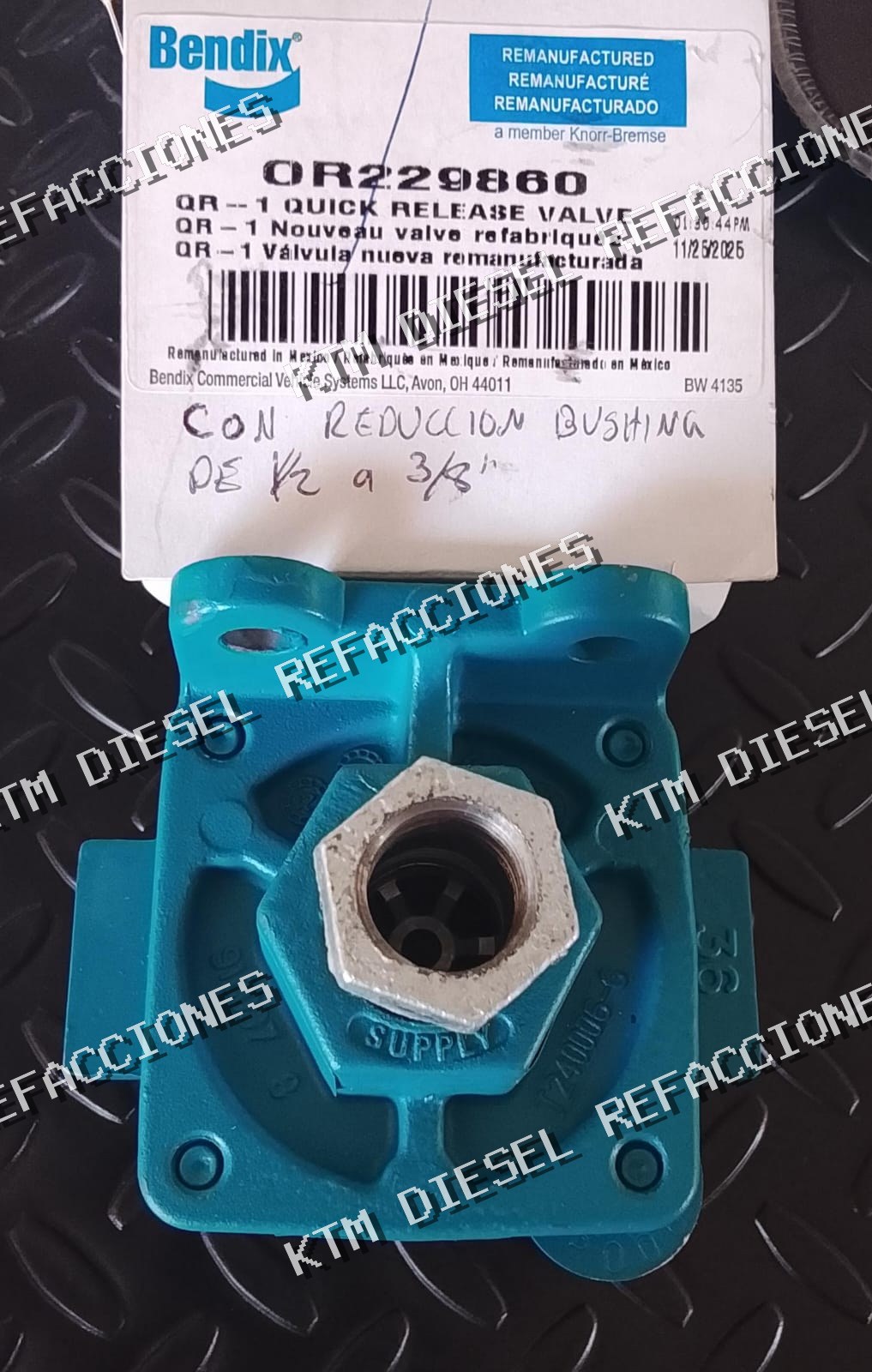 VALVULA DE ESCAPE RAPIDO QR-1 CON REDUCCION BUSHING 1/2 A 3/8 BENDIX