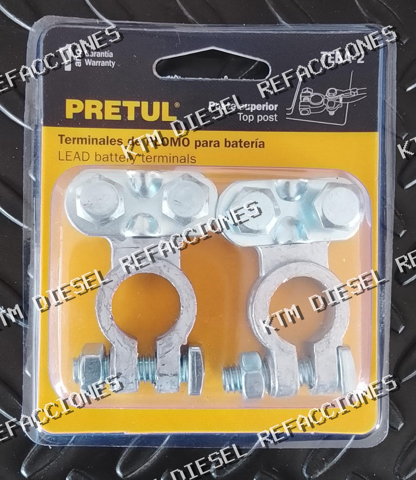 BLISTER 2 TERMINALES PARA BATERIA PLOMO POSTE SUPERIOR PRETUL