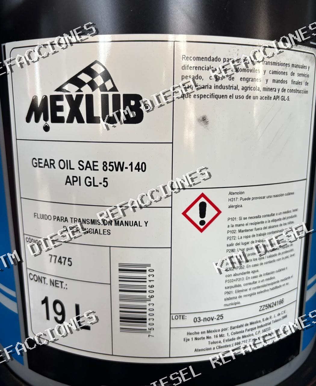 ACEITE DE TRANSMISION MANUAL Y DIFERENCIALES MEXLUB 85W140 19LT